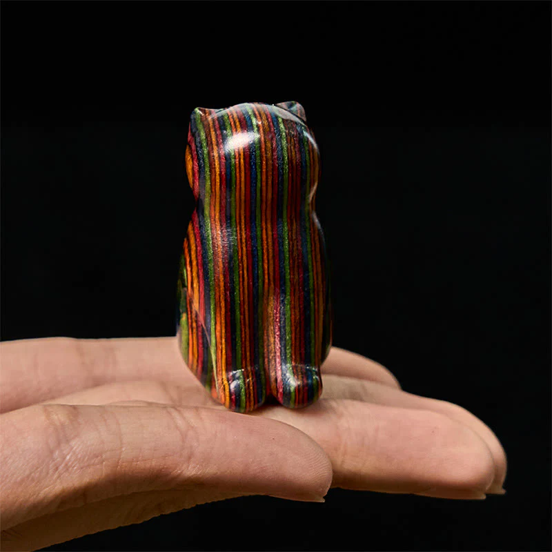 Buddha Stones 2Pcs Mini Rainbow Eucalyptus Sitting Cat Carved Reduce Stress Decoration