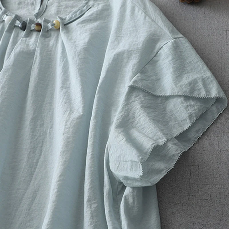 Buddha Stones Beads Crew Neck Design Cotton Short Sleeve Women's Shirt