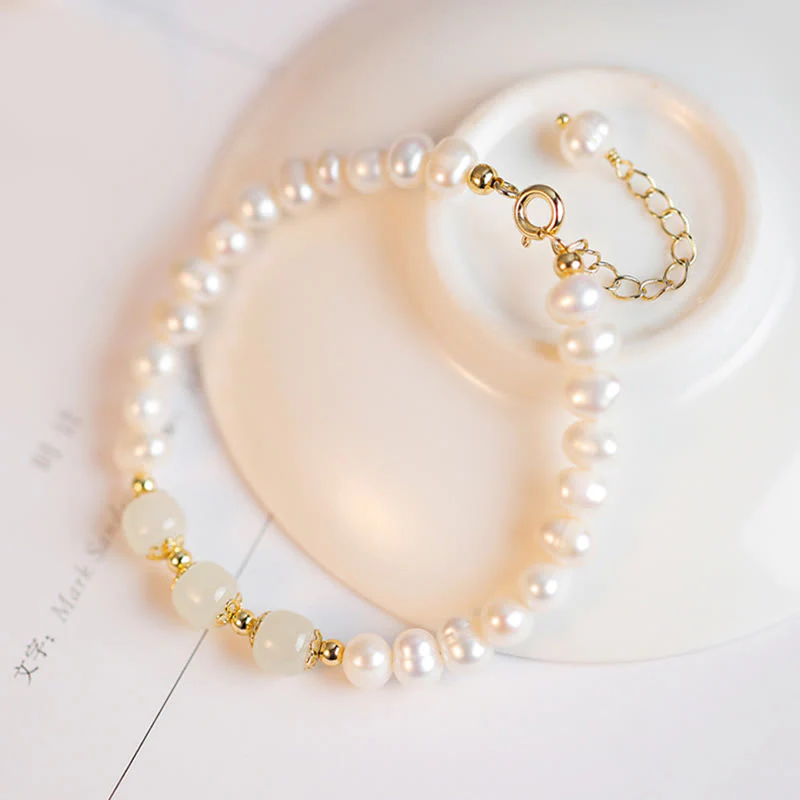 Buddha Stones 14K Gold Plated Natural Pearl Hetian Cyan Jade White Jade Sincerity Bead Chain Bracelet