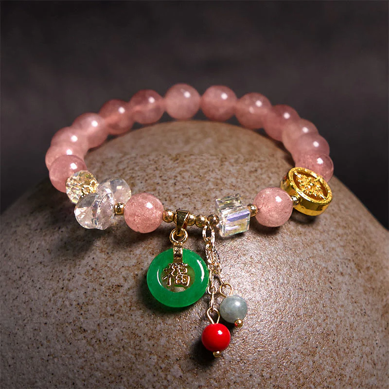 Buddha Stones Strawberry Quartz Jade Fu Character Charm Healing Bracelet