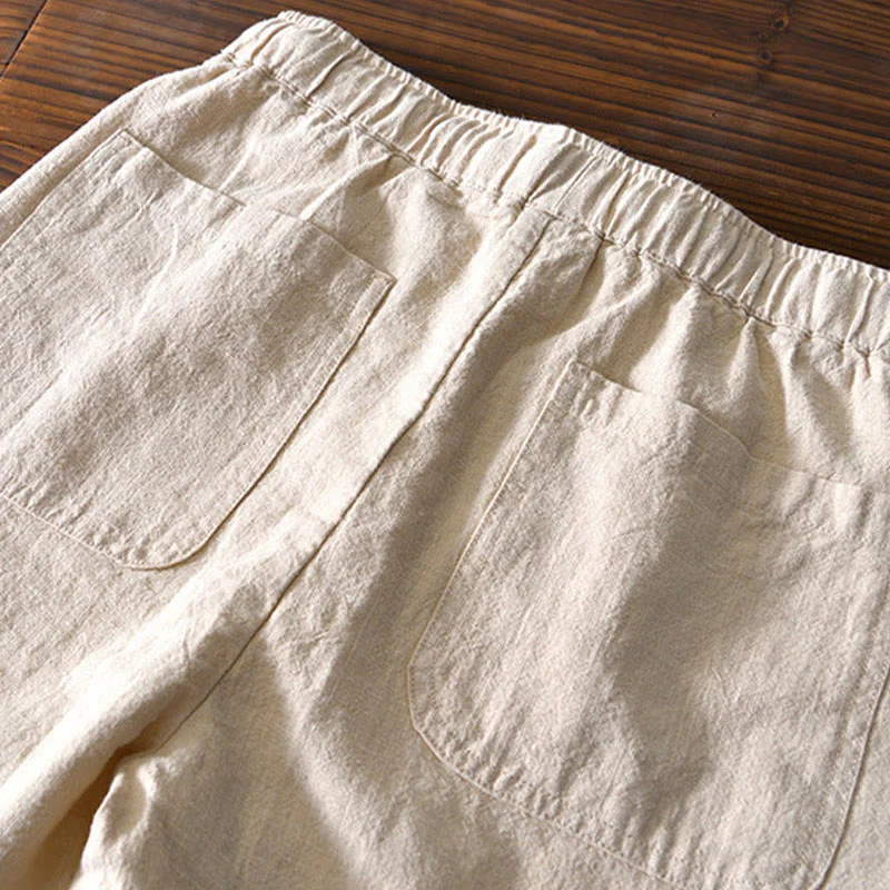 Buddha Stones Casual Solid Color Simple Design Drawstring Ramie Linen Men's Pants With Pockets