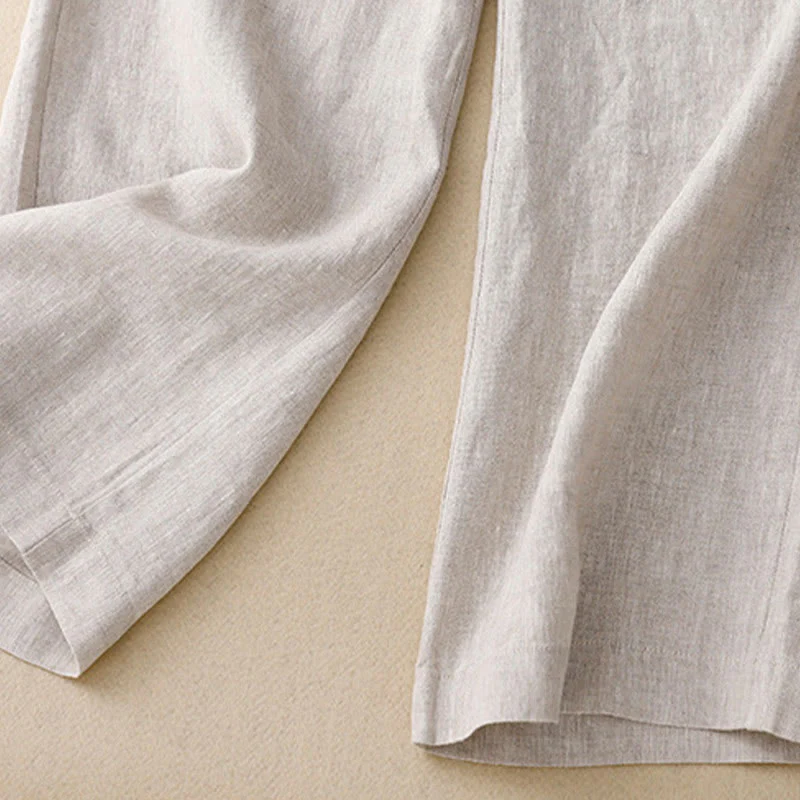 Buddha Stones Summer Casual Simple Design Linen Women's Wide Leg Pants With Zipper Pockets