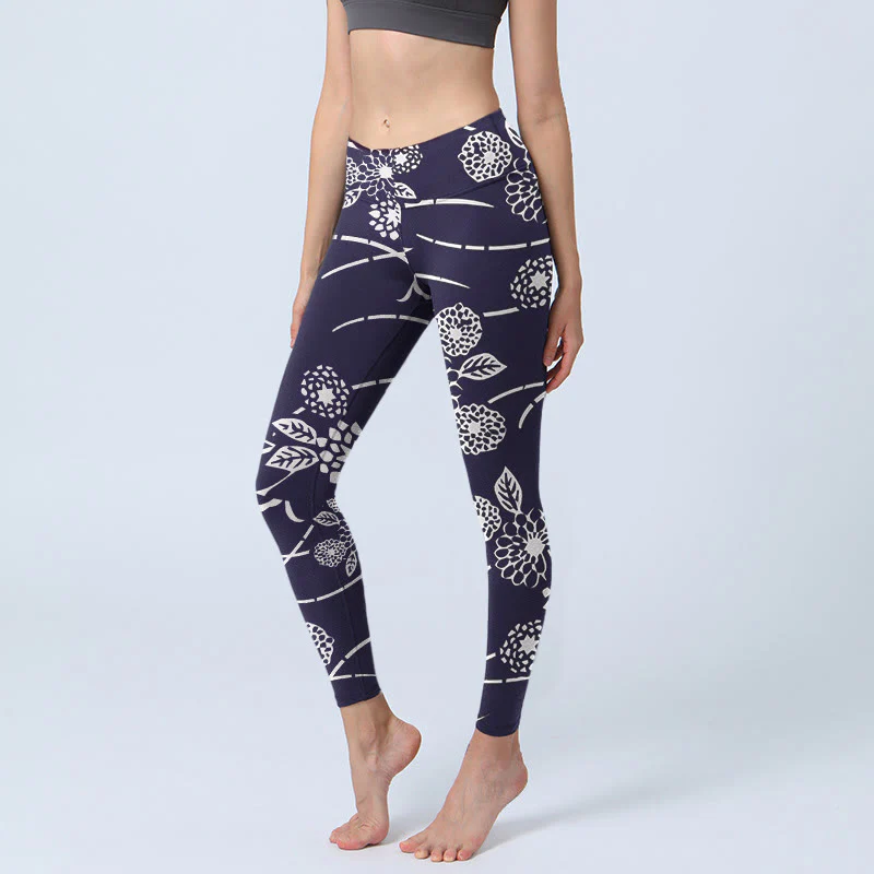 Buddha Stones White Sketch Chrysanthemums Print Gym Leggings Women's Yoga Pants