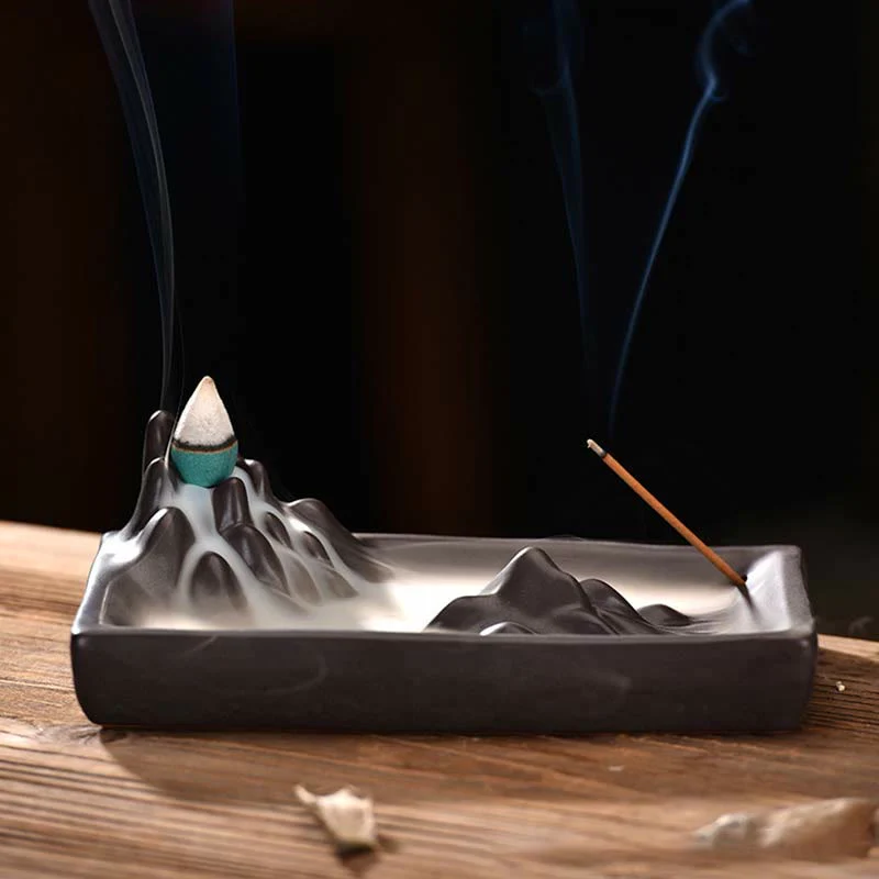 Buddha Stones Mountains Flowing Water Ceramic Blessing Backflow Incense Burner