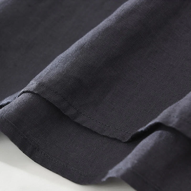 Buddha Stones Summer Half Buttons Design Lapel Men's Short Sleeve Linen Shirt With Pocket