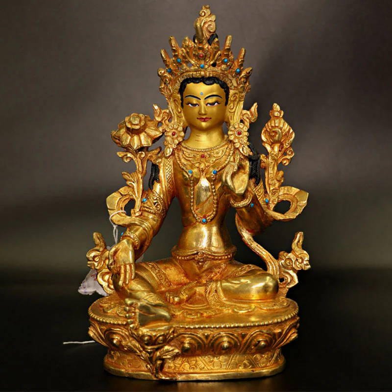 Buddha Stones Bodhisattva Tara Chenrezig Four-armed Avalokitesvara Protection Copper Gold Plated Statue Decoration
