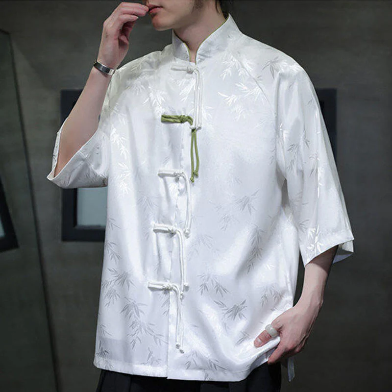 Buddha Stones Jacquard Bamboo Pattern Chinese Frog-Button Stand Collar Tang Suit Men's Cotton Shirt