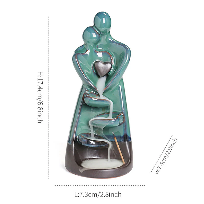 Buddha Stones Lovers Couple Embrace Love Ceramic Backflow Smoke Fountain Healing Incense Burner Decoration