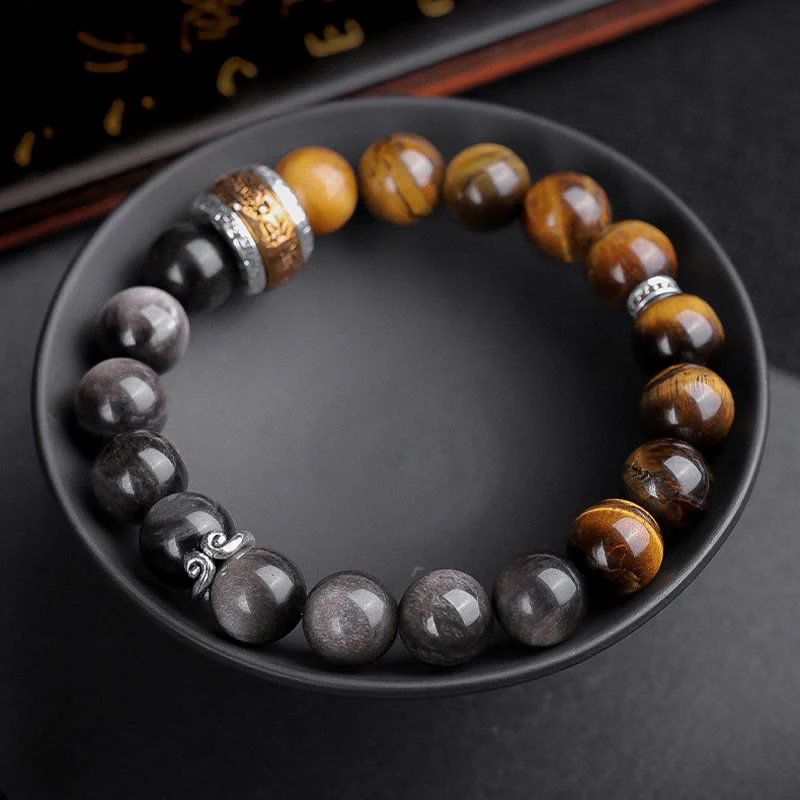 Buddha Stones Natural Silver Sheen Obsidian Tiger's Eye Six True Words 'Om Mani Padme Hum' Strength Bracelet