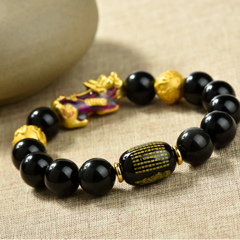 Buddha Stones Fengshui Copper Pixiu Rainbow Obsidian Beads Wealth Bracelet
