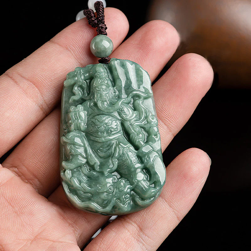 Buddha Stones Natural Jade Guan Gong Amulet Wealth Necklace Pendant