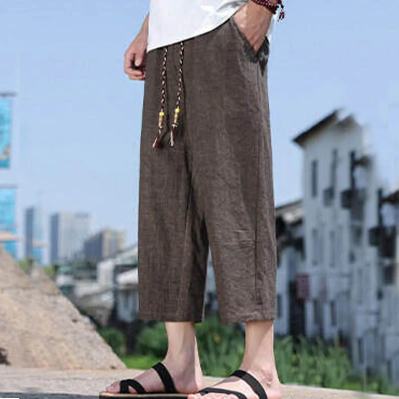 Buddha Stones Casual Woven Bead Waist Rope Men's 7-8 Length Spandex Pants With Pockets