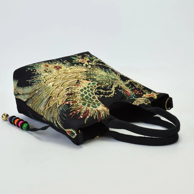 Buddha Stones Peacock Double-sided Embroidery Tote Bag Shoulder Bag Crossbody Bag
