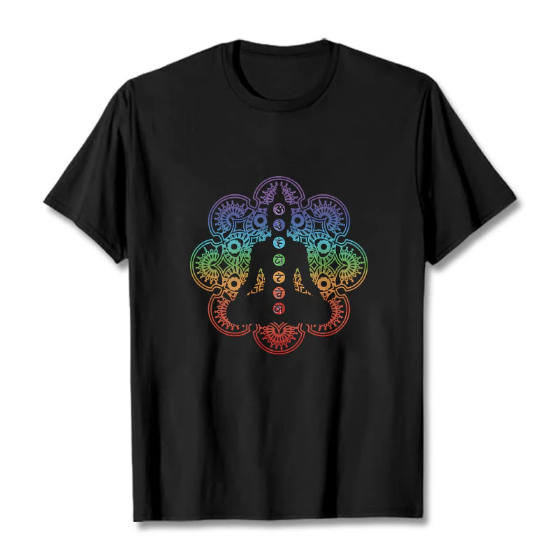 Buddha Stones Casual Meditating Figure Colorful Mandala Pattern Cotton Tee T-shirt