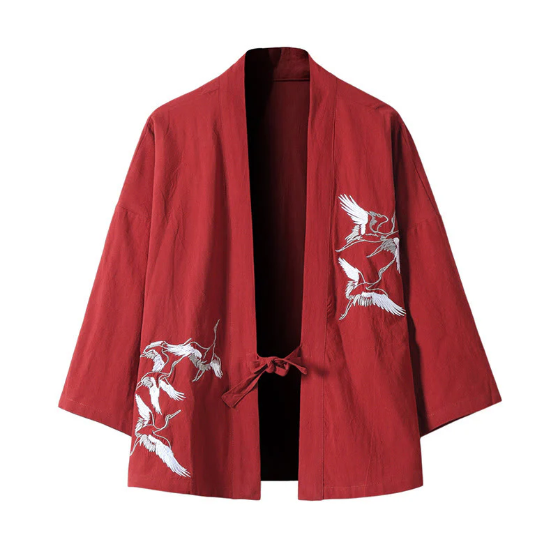 Buddha Stones Embroidery Flying White Cranes Cotton Linen Open Front Jacket Men's Kimono