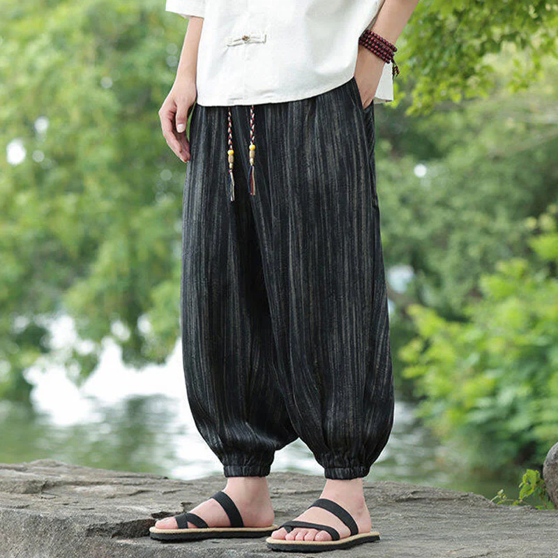 Buddha Stones Summer Black Stripes Drawstring Men's Harem Pants With Pockets