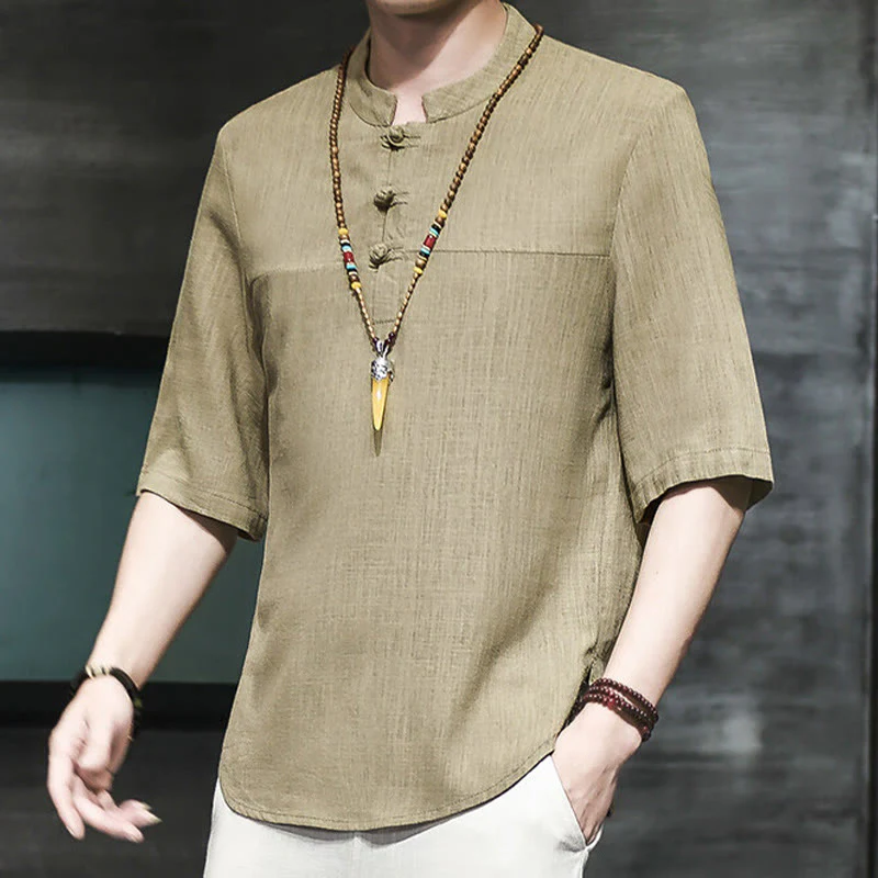 Buddha Stones Casual Vintage Chinese Frog-Button Men's Half Sleeve Cotton Linen T-Shirt