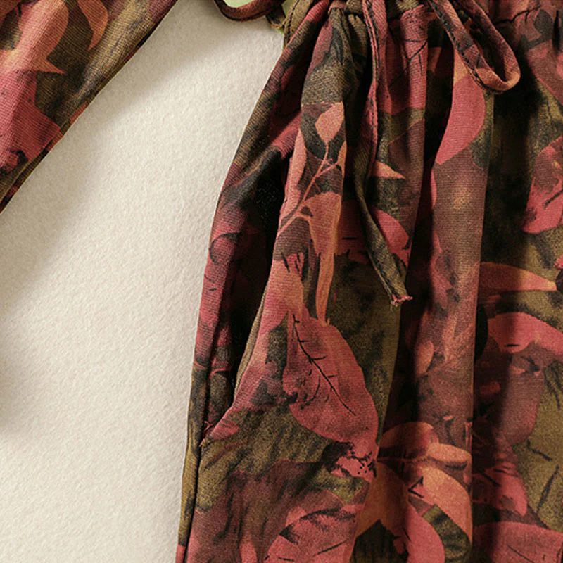 Buddha Stones Casual Printing Drawstring Chinese Frog-Button Cotton Linen Midi Dress With Pockets