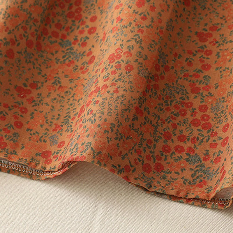 Buddha Stones Casual Floral Lace Crew Neck Balloon Long Sleeve Cotton Linen Midi Dress With Pockets