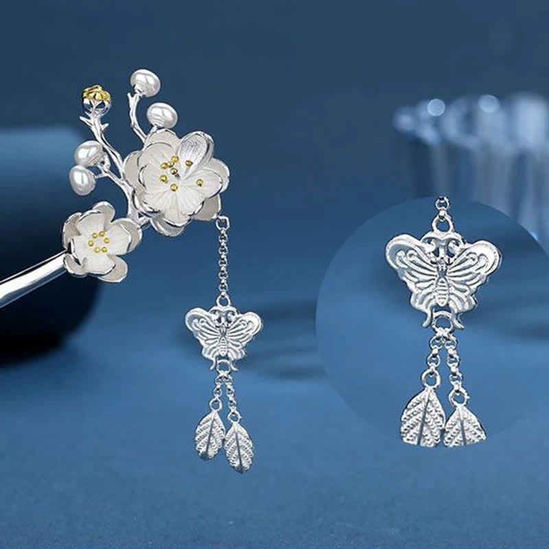 Buddha Stones Plum Blossom Butterfly Love Freedom Tassel Hairpin