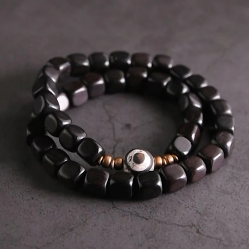 Buddha Stones Ebony Wood Dzi Bead Copper Peace Couple Bracelet