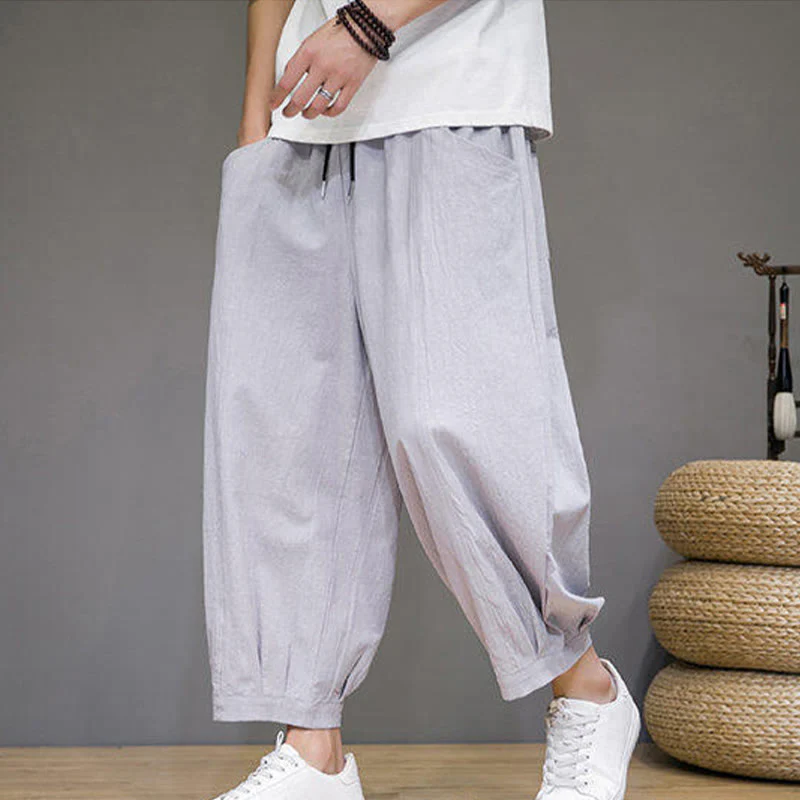 Buddha Stones Casual Plain Men's Cotton 7-8 Length Harem Pants With Pockets