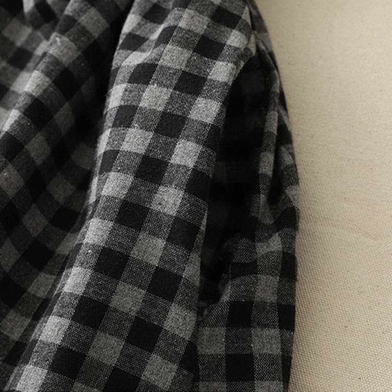 Buddha Stones Black Lace-Up Design Plaid Lapel Cotton Linen Midi Dress With Pockets