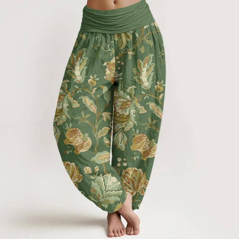 Buddha Stones Casual Blooming Flowers Buds Design Women's Elastic Waist Harem Pants