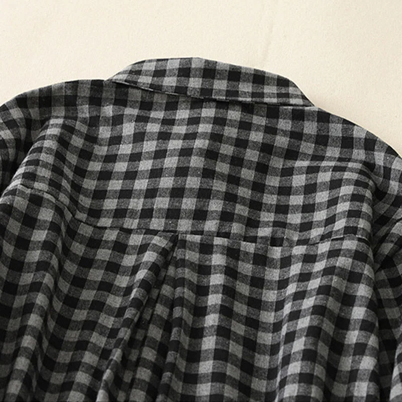 Buddha Stones Black Lace-Up Design Plaid Lapel Cotton Linen Midi Dress With Pockets