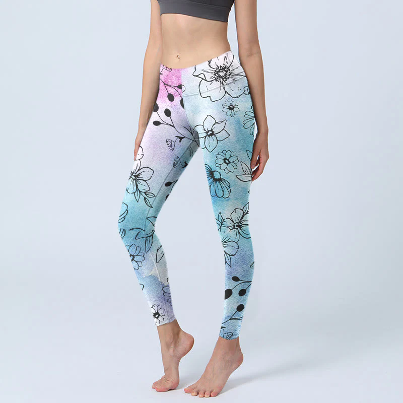 Buddha Stones Black Line-Drawn Flower Leaves Pattern Print Gym Leggings Women's Yoga Pants