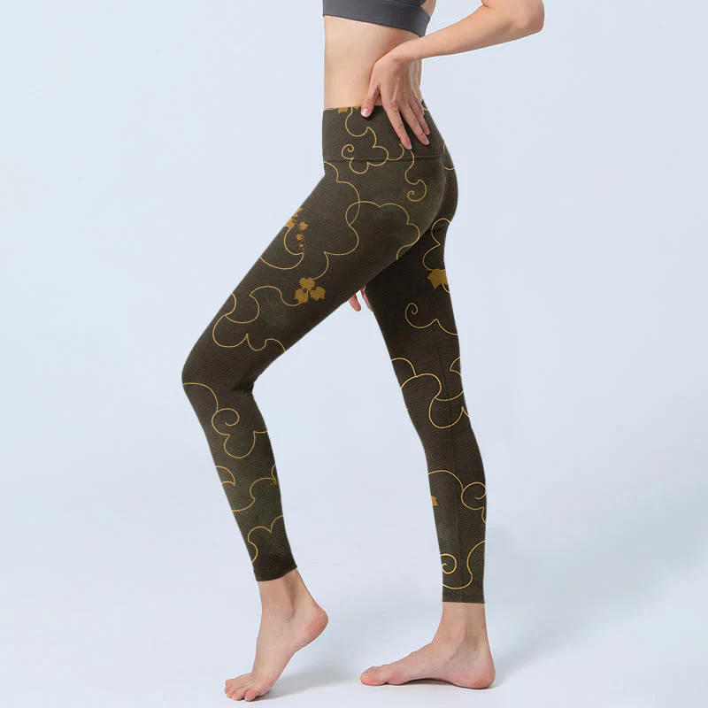 Buddha Stones Auspicious Cloud Maple Leaf Pattern Print Gym Leggings Women's Yoga Pants