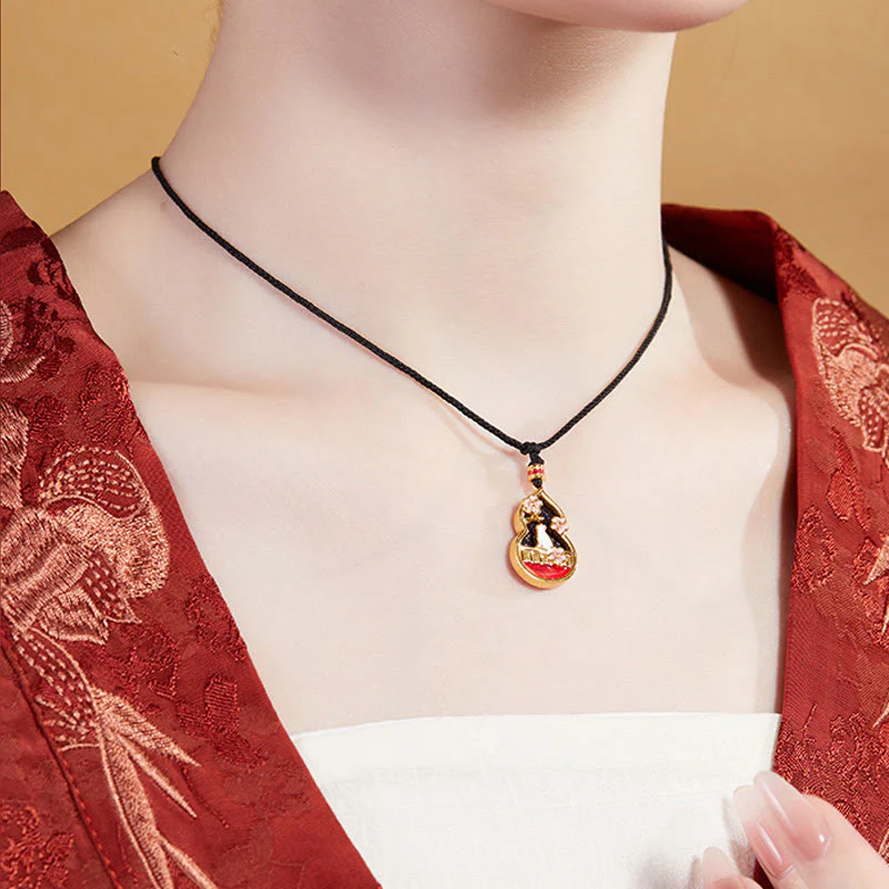 Buddha Stones 925 Sterling Silver Peach Blossom Cat Gourd Pattern Protection Necklace Pendant