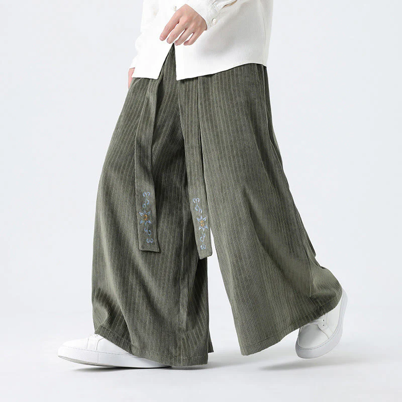 Buddha Stones Casual Embroidery Drawstring Design Men's Corduroy Wide Leg Pants With Pockets