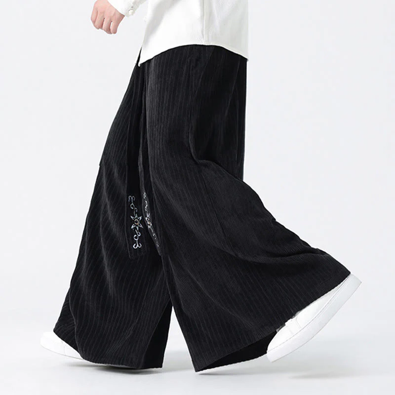 Buddha Stones Casual Embroidery Drawstring Design Men's Corduroy Wide Leg Pants With Pockets