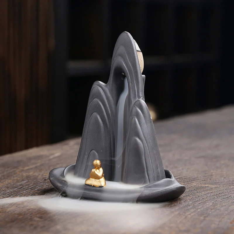 Buddha Stones Little Monk Mountains Flowing Water Purple Clay Ceramic Healing Backflow Incense Burner Decoration
