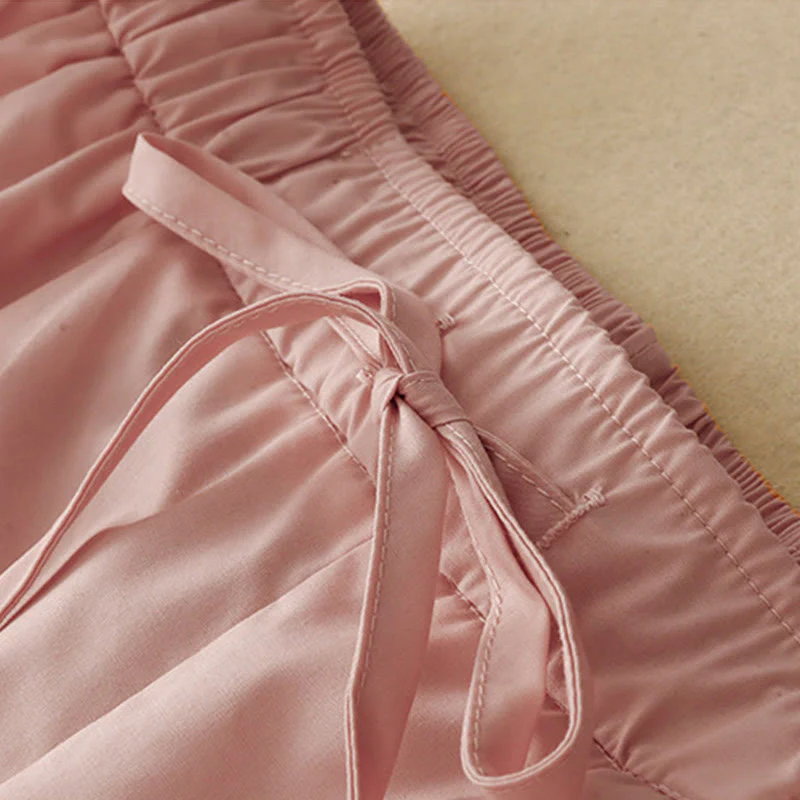 Buddha Stones Commute Plain Lace Patchwork Drawstring Design Women's Wide Leg Cotton Ankle-Length Pants With Pockets