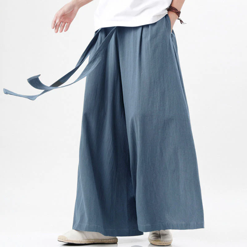 Buddha Stones Spring Casual Sports Drawstring Design Men's Cotton Linen Wide Leg Pants With Pockets