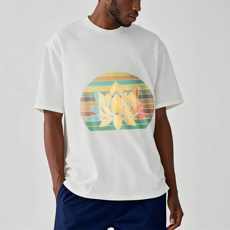 Buddha Stones Casual Retro Striped Background Lotus Flower Pattern Cotton Tee T-shirt