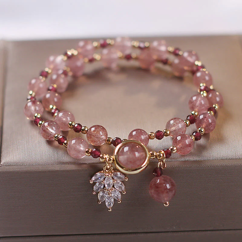 Buddha Stones Natural Strawberry Quartz Love Healing Maple Leaf Charm Double Wrap Bracelet