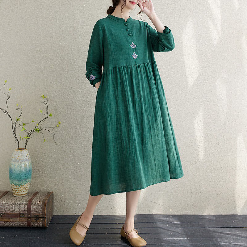 Buddha Stones Fall Ethnic Embroidery Cotton Linen Midi Dress With Pockets