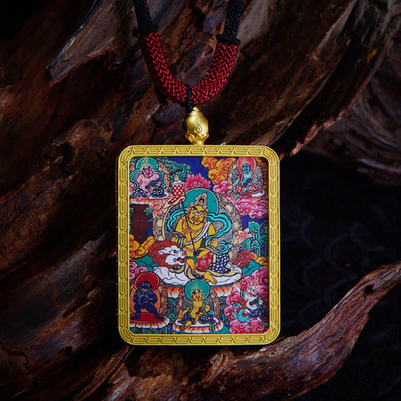 Buddha Stones Tibetan Zakiram Nine Tailed Fox Yellow God of Wealth Painted Thangka Hope Necklace Pendant
