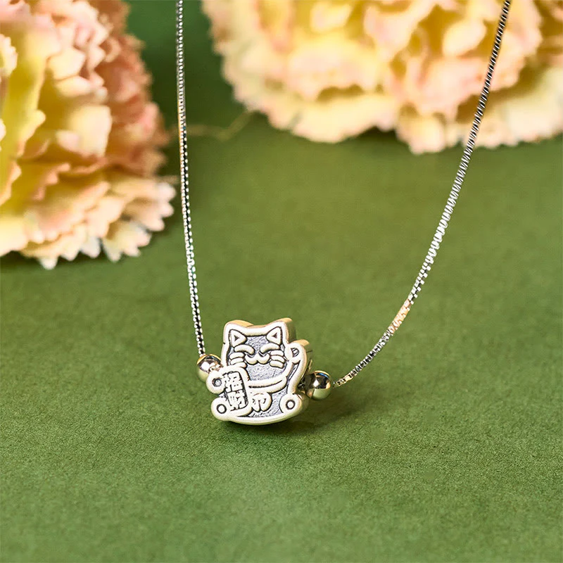 Buddha Stones 999 Sterling Silver Fortune Cat Protection 925 Sterling Silver Chain Necklace Pendant