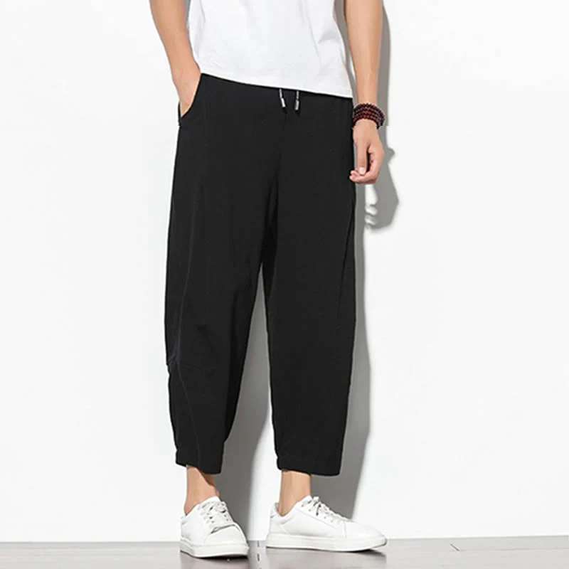 Buddha Stones Summer Men's 7-8 Length Cotton Linen Carrot Pants With Pockets