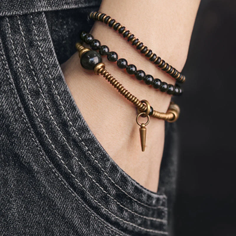 Buddha Stones Rainbow Obsidian Ebony Wood Copper Healing Triple Wrap Bracelet