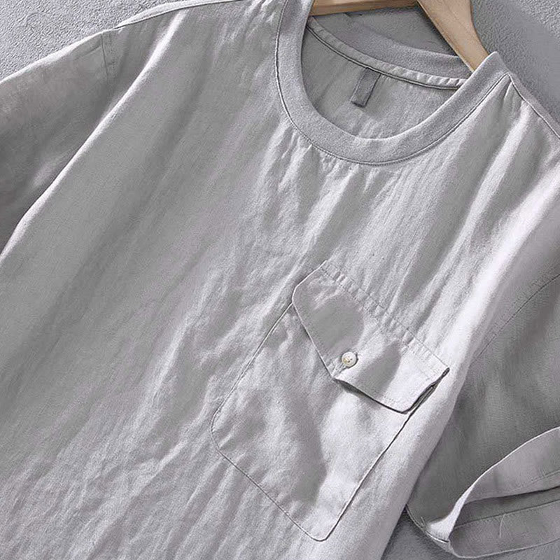 Buddha Stones Casual Simple Design Crew Neck Men's Short Sleeve Linen Shirt With Pocket