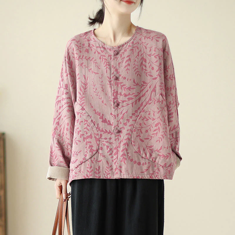 Buddha Stones Leaf Print Women's Cotton Linen Jacket With Pockets
