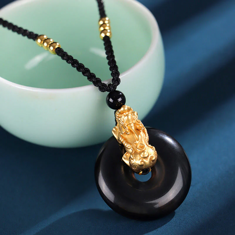 Buddha Stones Black Onyx White Agate Peace Buckle 999 Sterling Silver Gold PiXiu Fortune Necklace Pendant