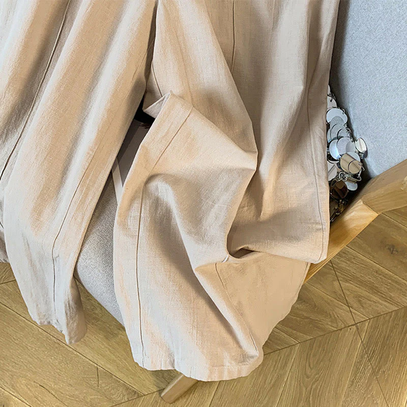 Buddha Stones Casual Beige Embroidery Women's Wide Leg Cotton Linen Pants With Pockets