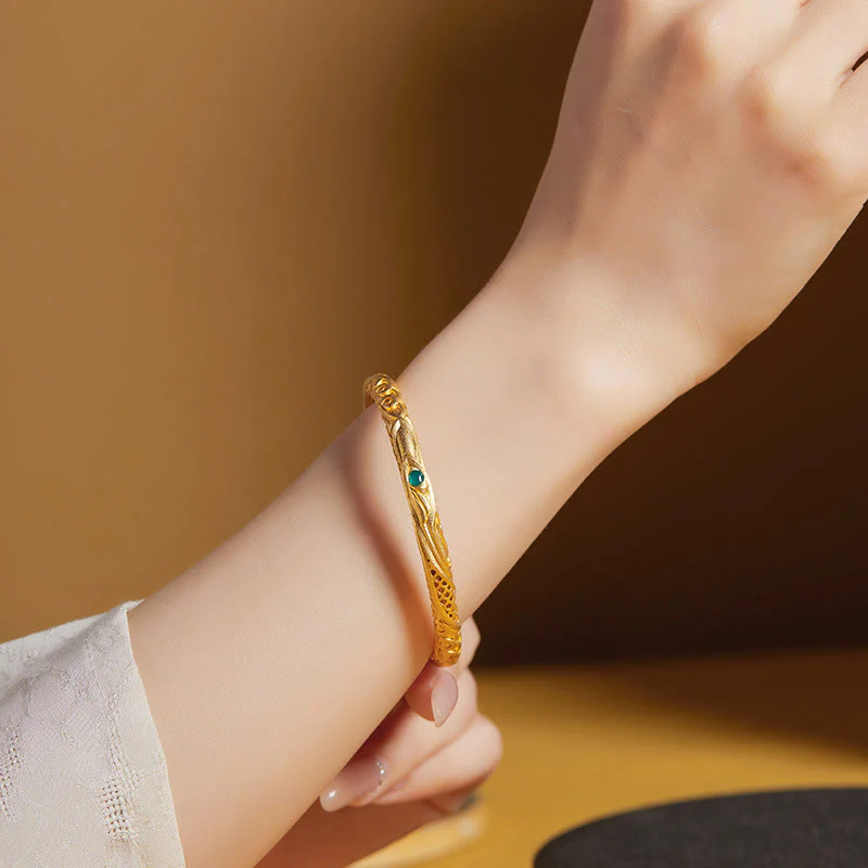 Buddha Stones 999 Sterling Silver Golden Flower Hollow Design Blessing Bracelet Bangle