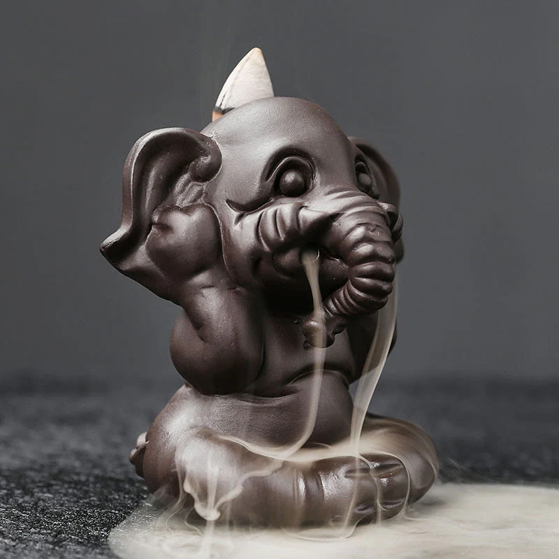 Buddha Stones Cute Elephant Purple Clay Backflow Smoke Fountain Peace Healing Incense Burner Decoration